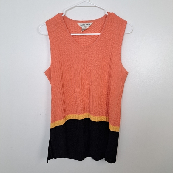 Misook Orange Yellow Black Stripe Ribbed Sweater Set Cardigan + Tank Top Size M - Picture 4 of 6